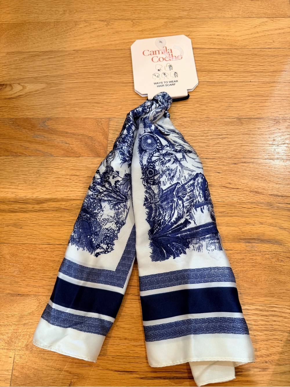 Camila Coelho Navy and White Toile Silk Hair Scarf